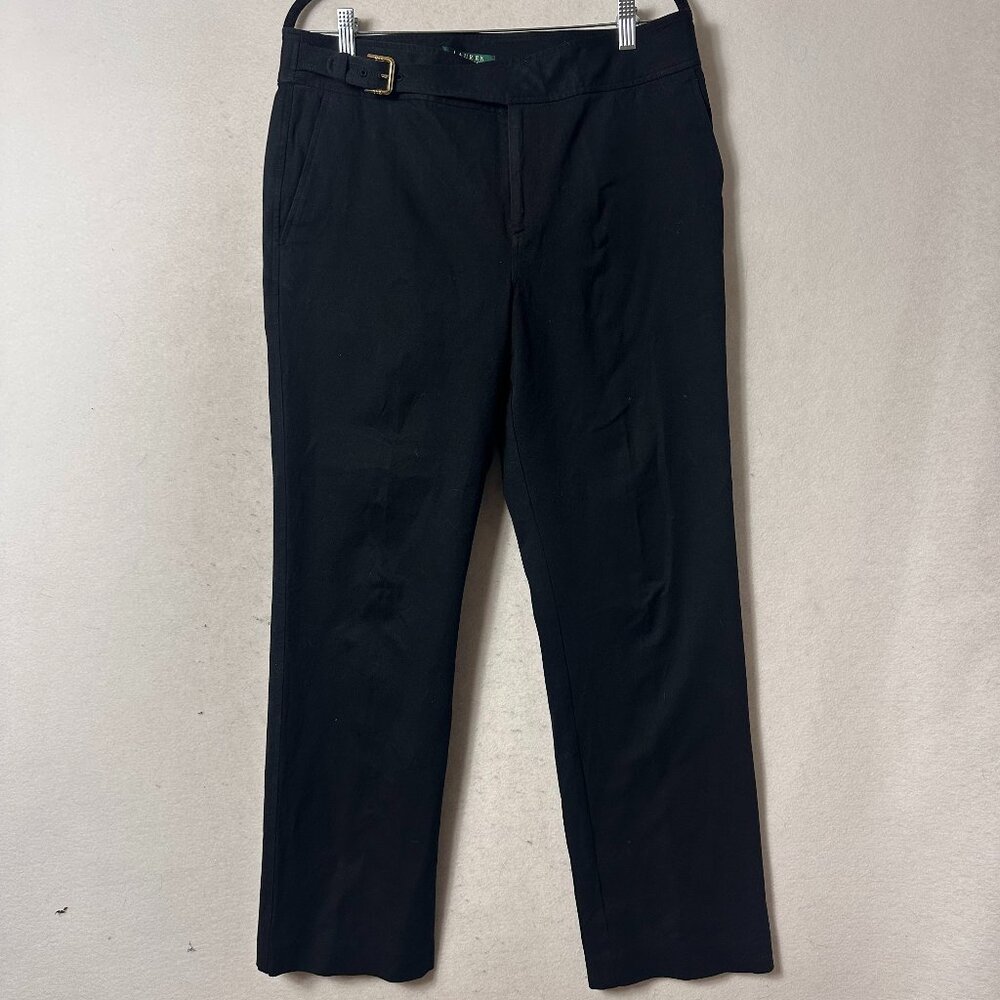 LAUREN RALPH LAUREN Women's chino pants sz 12 Black Stretch gold Buckle  34 x 31